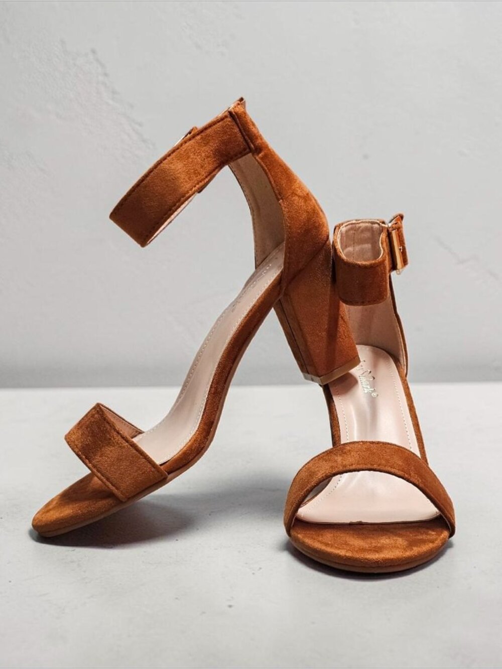 Tan Faux Suede Block Heel Sandals With Adjustable Ankle Strap Open Toe Design Wo - Picture 6 of 14